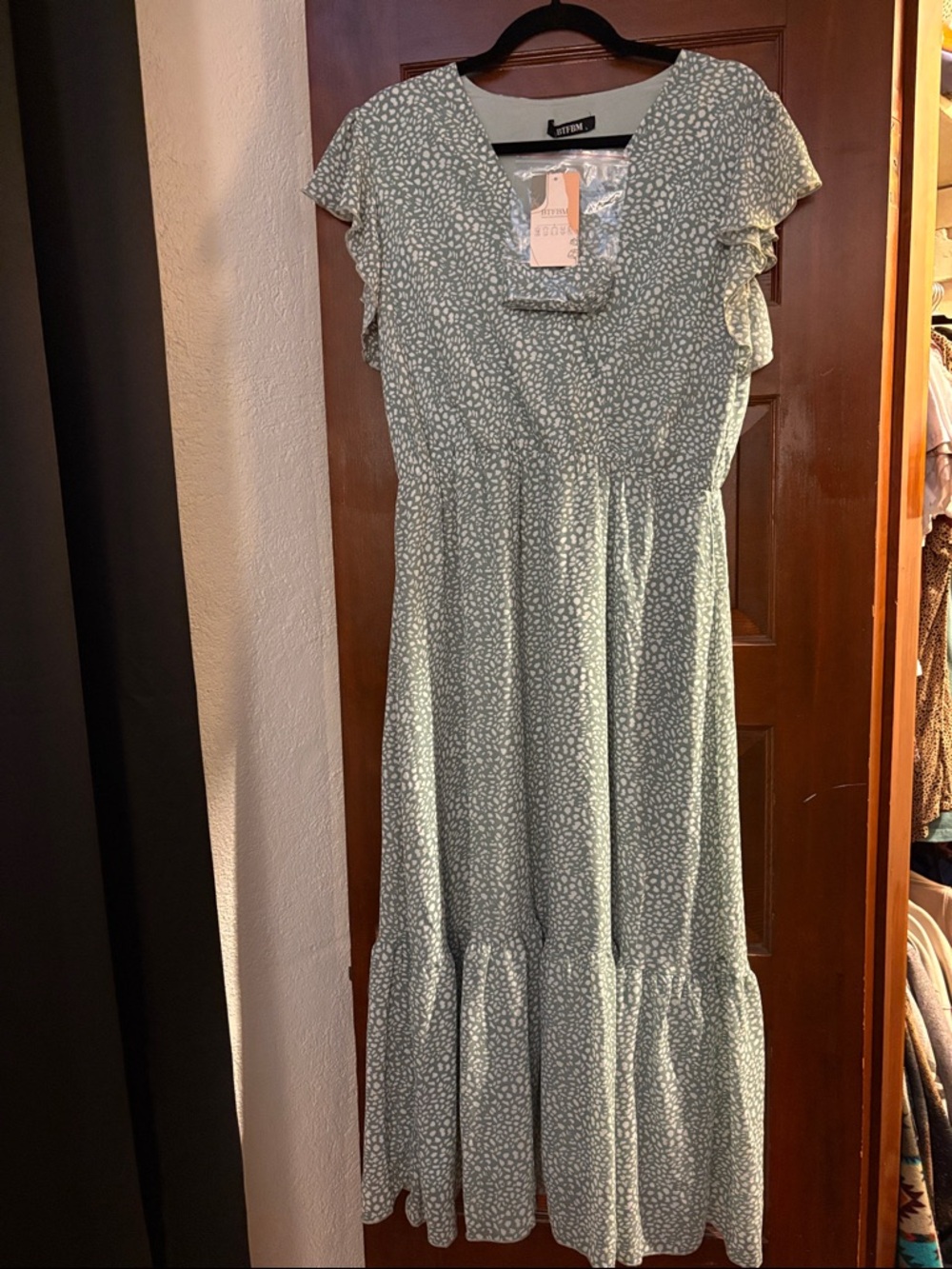 Sage Green and White Flutter Sleeve dress